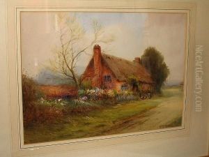 Rural Scenes, A Pair, Views Of Thatched Cottages by George Hemming Mason