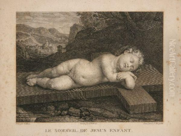 Lous Joseph Masquelier, "le Sommeil De Jesus Enfant", Acquaforte Da Dis. Di J.w. Wicar, Fine Xviii Secolo, Mm. 215x270, In Cornice Di Legnointagliato - view 1