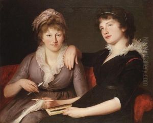 Portrait Of Two Women, Half Length, Seated,one In A Brown Dress Crocheting, The Other In A Black Dress,holding A Book by John James Masquerier