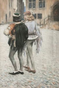 Mittelalterlichesstrasenbild - Zwei Edelleute Im Gesprach by Edmond Massau