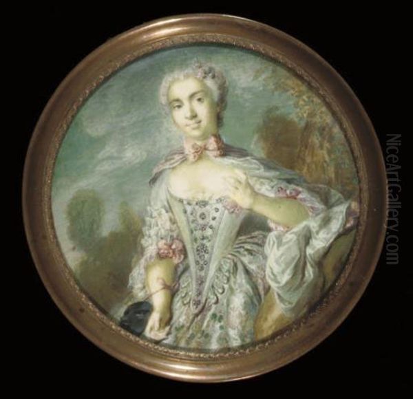 A Lady, In Embroidered Grey Silk Dress With Jewel Encrusted Bodice And Pink Ribbons At Elbows, Grey Silk Cloak Fastened With A Pink Bow At Her Neck, Flowers In Her Powdered Upswept Hair, Her Left Arm Raised And A Black Mask Attached To Her Right Wrist - view 1