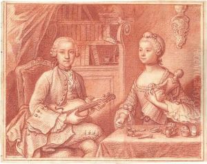 Lot Comprenant : Un Portrait De Femme Dessinant, Un Portrait
De Femme Au Nid, Un Portrait D'homme A La Cornemuse Et Un Dessin
Comprenant Un Violoniste Et Une Jeune Fille A La Poupee. by Jean Baptiste Masse