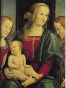 La Vierge Et L'enfant Entre Deux Anges Panneau.