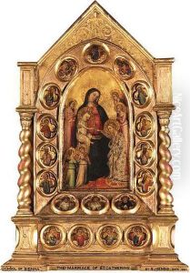 The Mystic Marriage Of Saint Catherine With Angels, With Saintsluke, Lawrence, Paul, John The Evangelist, Peter, Matthew, Phillip(?), Mark, Two Bishop Saints, Three Friar Saints, Four Femalemartyr Saints, And An Unidentified Saint, Inset In Eighteenquatre by Master Of San Jacopo A Mucciana