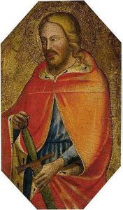 A Young Male Saint, Probably Saint Julian The Hospitator, Three-quarter Length, In An Ermine-lined Cloak And Holding A Sword by Master Of Sant'Ivo