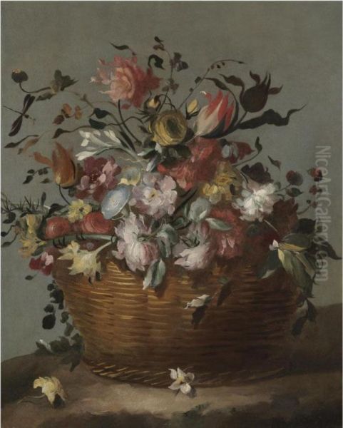 A Still Life With Tulips, Carnations, Iris And Other Flowers In Asculpted Vase, Together With Pigeons And A Pomegranate - view 1