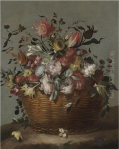 A Still Life With Tulips, Carnations, Iris And Other Flowers In Asculpted Vase, Together With Pigeons And A Pomegranate by Master Of The Acquavella Still Life