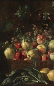 A Still Life With Apples, Pears And Grapes In A Wicker Basket, Together With Artichokes And Lemons
