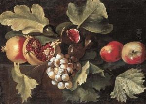 Pomegranates, Figs, Grapes And Apples On A Ledge