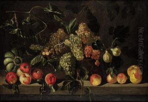 A Still Life Of Bunches Of Grapes And Figs In A Basket, Together With A Pumpkin, Apples, And Pears On A Stone Ledge by Master Of The Acquavella Still Life