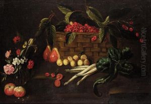 A Still Life With Cherries In A Basket, Together With Various Fruit And Vegetables, Flowers In A Glass Vase, All Upon A Stone Ledge by Master Of The Acquavella Still Life