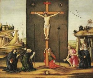 Christ On The Cross Adored By Saints Monica, Augustine, Mary Magdalen, Jerome And Bridget Of Sweden by Master Of The Apollo And Daphne Legend