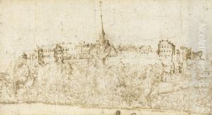 A View Of A Walled Medieval Town Above A Wooded Riverbank by Master Of The Blue Landscapes