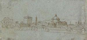 An Imaginary View Of Rome With The Gesu And Trajan's Column by Master Of The Blue Landscapes