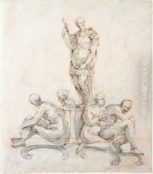 Design For A Table Centrepiece, With A Standing Soldier And Four Seated Moorish Slaves - view 1