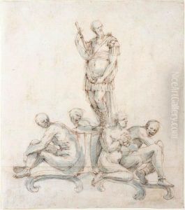 Design For A Table Centrepiece, With A Standing Soldier And Four Seated Moorish Slaves by Master Of The Blue Wash