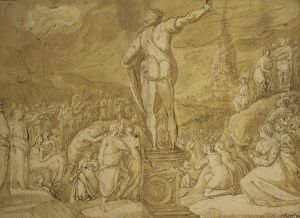 An Assembly Of Figures By A Statue, The Tower Of Babel Seen Beyond