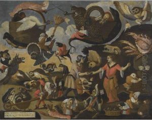 A Grotesque Scene With Animals And Dwarfs Making Music by Master Of The Fertility Of The Egg
