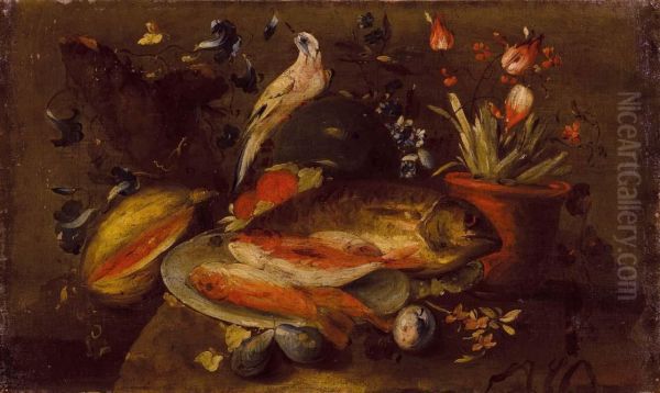 Natura Morta Di Fiori, Frutta E Pesci - view 1