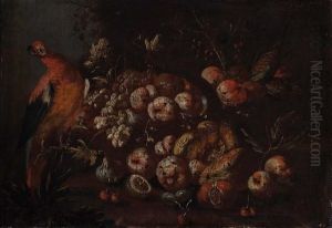 Pesche, Uve Bianche, Fichi In Un Cesto Di Vimini, Una Zucca, Melograni, Ciliegie E Altri Frutti Con Un Pappagallo En Plein Air by Master Of The Guardeschi Flowers