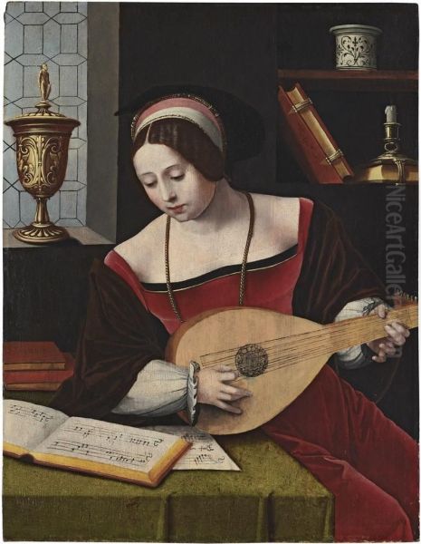 A Lady Playing A Lute In An Interior - view 1