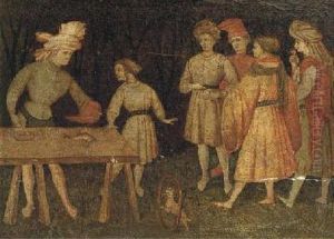 Five Men Standing In A Wooded Landscape, With One Standing At Atable Handing A Boy A Cap: A Panel From A Cassone