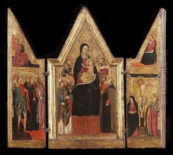 A Triptych: The Central Panel With The Madonna And Child With Saint Nicholas Of Bari, Saint Peter, A Monk Saint, Saint Anthony Abbot, Saint Andrew (?), And Saint John The Evangelist (?) In Attendance; The Wings With The Annunciation And The Crucifixion W - view 1