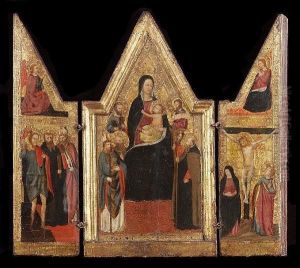 A Triptych: The Central Panel With The Madonna And Child With Saint Nicholas Of Bari, Saint Peter, A Monk Saint, Saint Anthony Abbot, Saint Andrew (?), And Saint John The Evangelist (?) In Attendance; The Wings With The Annunciation And The Crucifixion W by Master Of The Lazzaroni Madonna