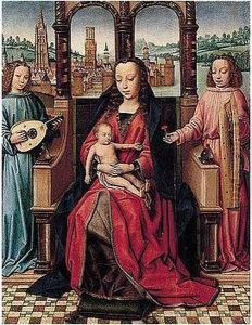 The Virgin And Child Enthroned With Music-making Angels Before A Prospect Of Bruges by Master Of The Legend Of Saint Lucy