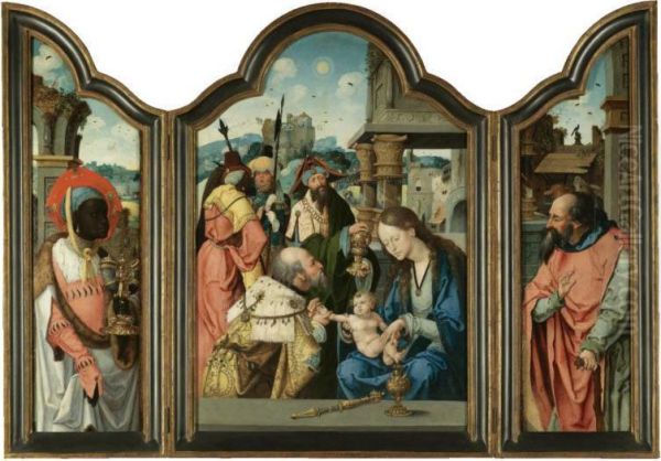 A Triptych: Central Panel: The Adoration Of The Magi Left Inside Wing: One Of The Magi, Balthasar Right Inside Wing: Saint Joseph - view 1