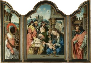 A Triptych: Central Panel: The Adoration Of The Magi Left Inside Wing: One Of The Magi, Balthasar Right Inside Wing: Saint Joseph by Master Of The Lille Adoration