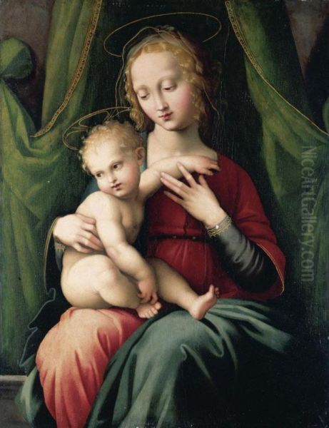 The Madonna And Child Seated Beneath A Green Draped Curtain - view 1