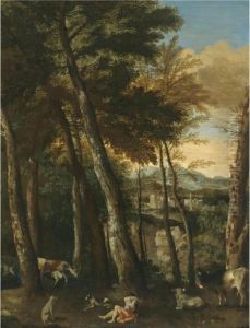 A Wooded Landscape With A Shepherd Resting Beside His Flock, A View Of The Roman Campagna Beyond by Master Of The Silver Crucifix