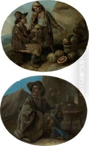 A Watermelon Vendor And A Young Boy; A Man Smoking Outside An Inn