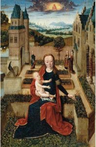 The Virgin Seated On A Low Wall Picking A Flower For The Christ Child, Saint Agnes, Saint Dorothea And Another Female Saint (possibly Saint Barbara) In A Enclosed Garden Beyond, An Extensive River Landscape With A City In The Distance by The Master Of The Tiburtine