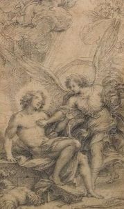 Male Figure With An Angel And Celestial Putti by Agostino Masucco Masucci