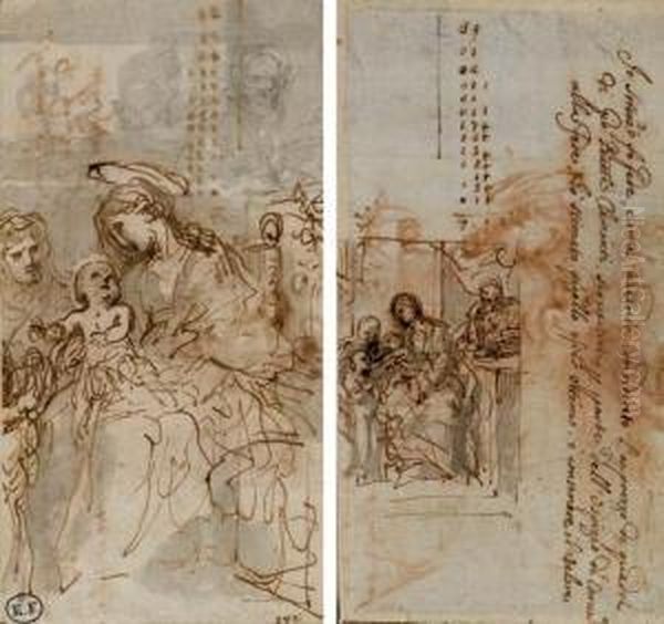 La Sainte Famille Avec Saint Jean-baptiste Et Sainte Elisabeth Derriere (recto); Une Etude Pour La Meme Composition Avec Des Calculs (verso) - view 1