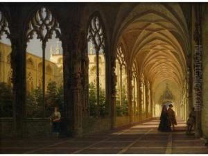 :conversation A Linterieur De Leglise Huile Surpanneau, Signee En Bas A Gauche by Joseph Maswiens