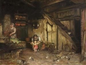Nikolaus . Interior Of A Peasant Kitchen With Grandma Playing With Her Grandchild While The Mother Is Preparing Meal