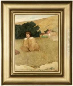 Portrait Of A Young Girl Seated In A Meadow by Lucia Kleinhans Mathews
