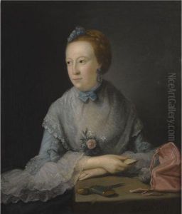Portrait Of A Lady, Half Length, Seated At A Table, Wearing Alace-rimmed Blue Dress by Gabriel Mathias
