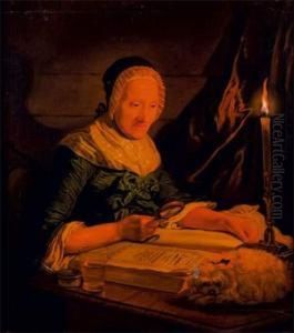 Dame Lisant Un Livre A La Chandelle Pres De Son Chien