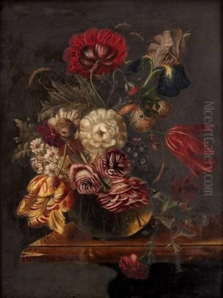 Mixed Flowers In A Glass Vase On A Stone Ledge - view 1