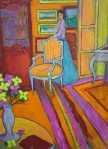 Lady In An Interior With A Vase Of Flowers