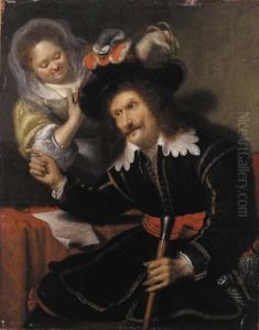 A Gentleman In Fancy Dress, Seated Small Three Quarter Length, By Atable, Mocked By A Lady Standing Behind Him