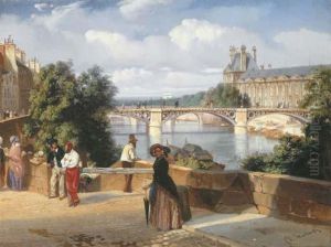 Elegant Figures By The Pont-des-arts, Paris, With The Palais Du Louvre Beyond by Louis Nicolas Matout