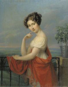 Portrait Of A Young Lady With A Red Shawl, Standing By Abalcony
