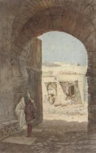 A Watercarrier Walking Through A Gateway (illustrated); And Astreet Scene With Figures