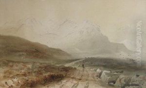 ' After The Snowstorms On The Grampians', Mountainous Scene With Figures And Animals Travelling Down A Track by Edward Matthews