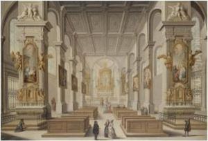 The Interior Of A Cathedral With Figures Conversing In The Foreground by Matthias Schiffer